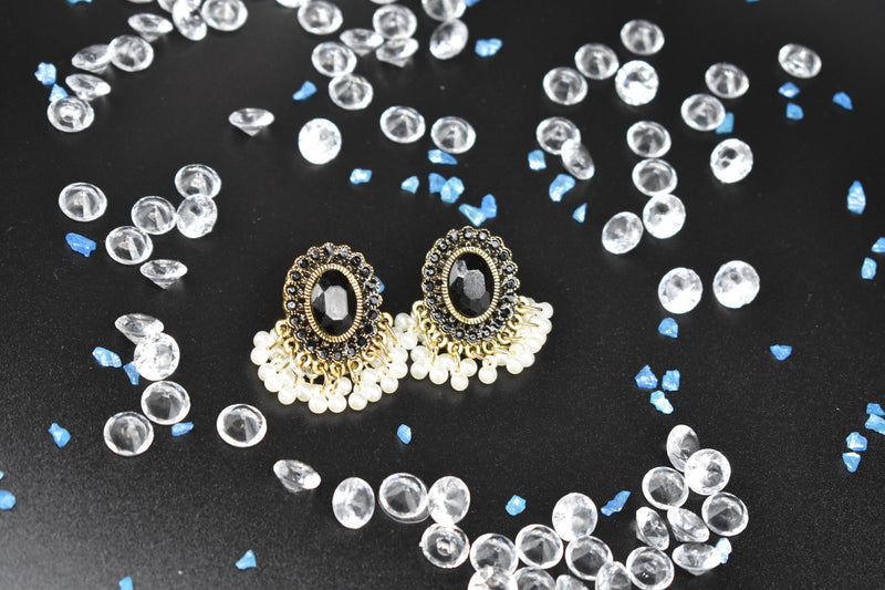 Gold Short with Black Diamond with White Pearls Traditional Earrings - Earrings by GTA Desi Store