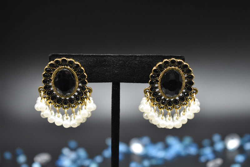 Gold Short with Black Diamond with White Pearls Traditional Earrings - Earrings by GTA Desi Store