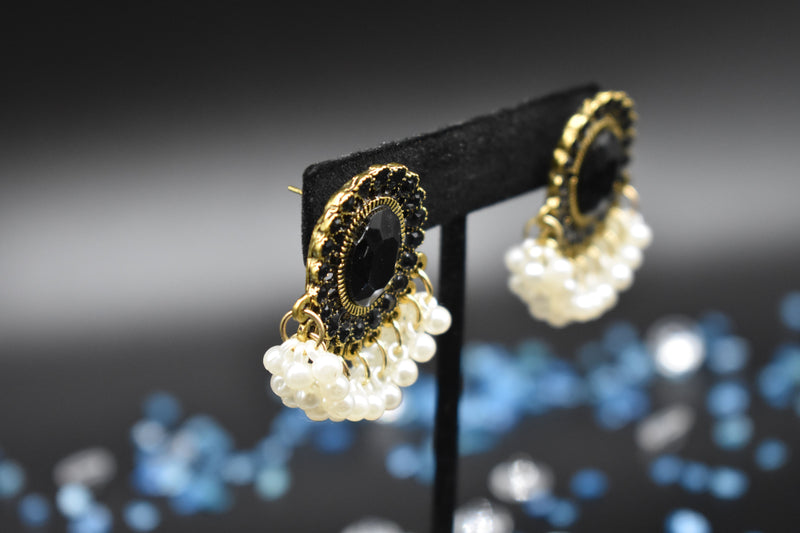 Gold Short with Black Diamond with White Pearls Traditional Earrings - Earrings by GTA Desi Store