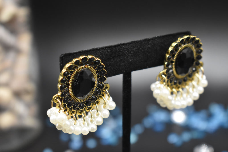 Gold Short with Black Diamond with White Pearls Traditional Earrings - Earrings by GTA Desi Store