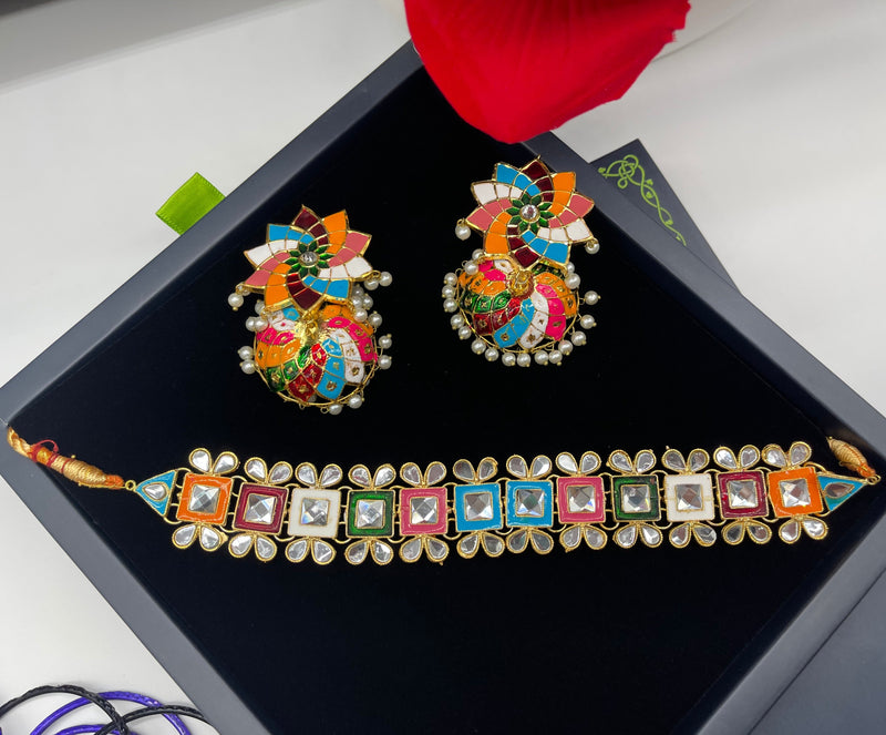 Meenakari Choker Necklace Set With Jhumkas - Necklaces by GTA Desi Store