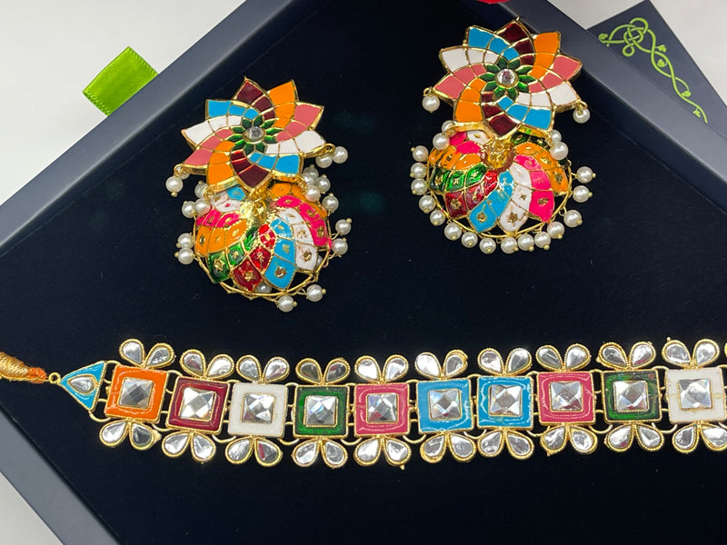 Meenakari Choker Necklace Set With Jhumkas - Necklaces by GTA Desi Store