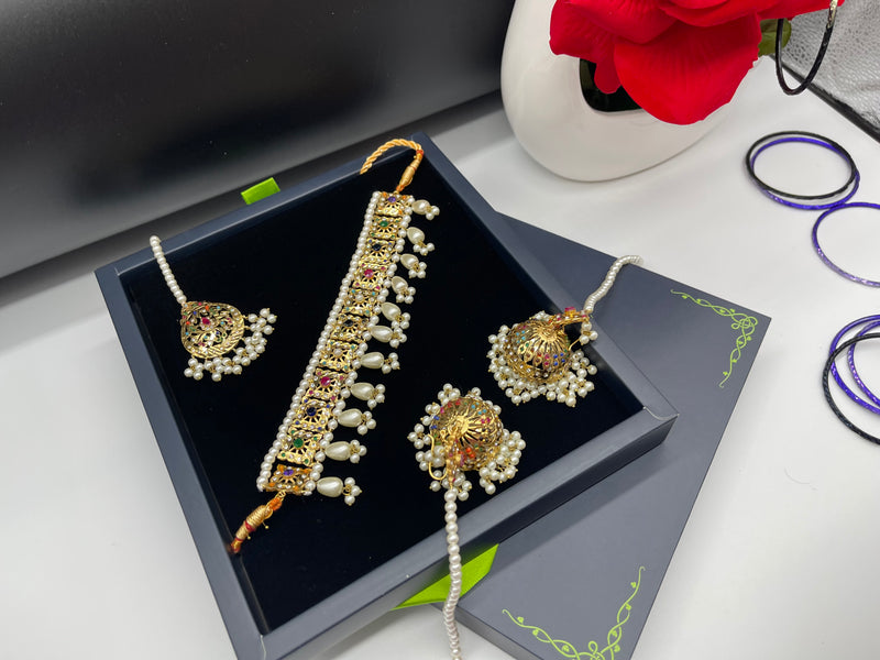 Multi Colour Pearl Necklace Set with Jhumka Style Earrings - Necklaces by GTA Desi Store