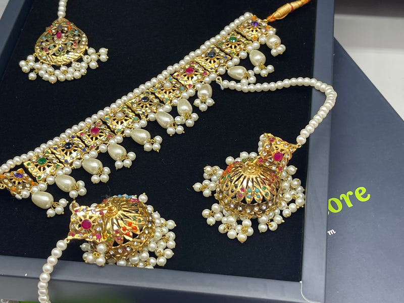 Multi Colour Pearl Necklace Set with Jhumka Style Earrings - Necklaces by GTA Desi Store