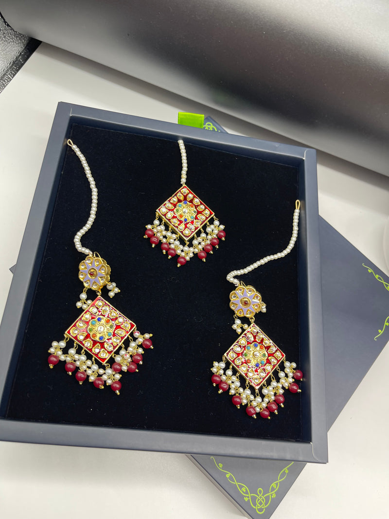 Square Earrings with Bindiya - Red - Necklaces by GTA Desi Store