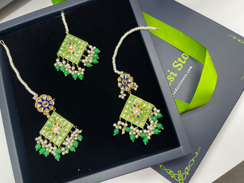 Square Earrings with Bindiya - Green - Necklaces by GTA Desi Store