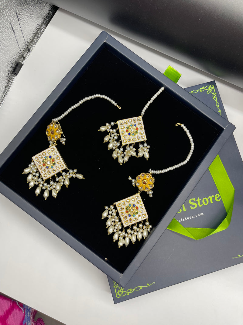 Square Earrings with Bindiya - White - Necklaces by GTA Desi Store