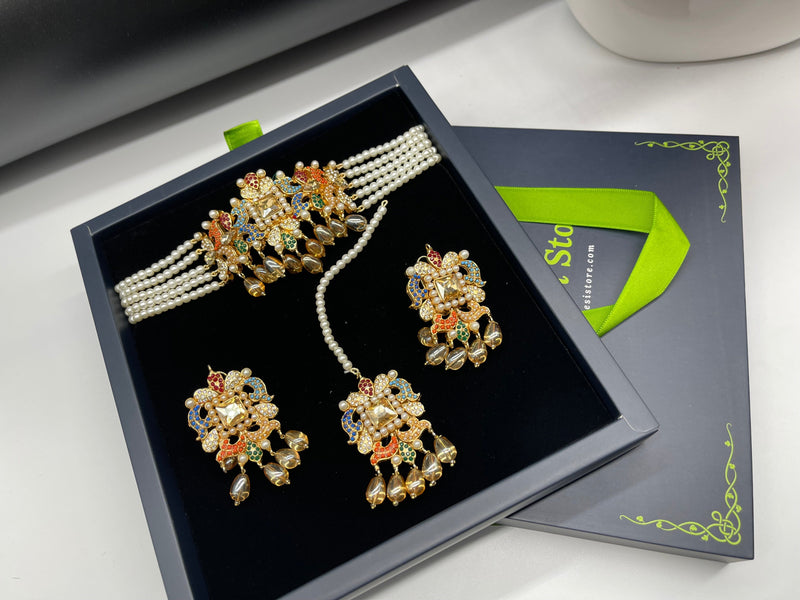 Multicolor Choker Set, Colorful Jewellery Set - Necklaces by GTA Desi Store
