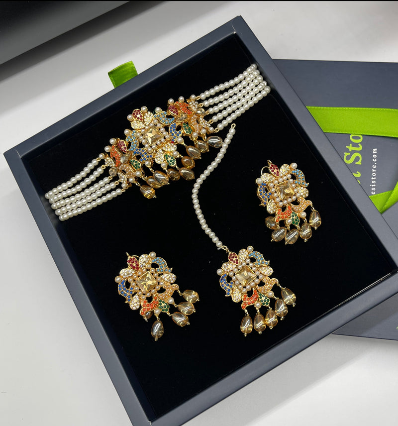 Multicolor Choker Set, Colorful Jewellery Set - Necklaces by GTA Desi Store