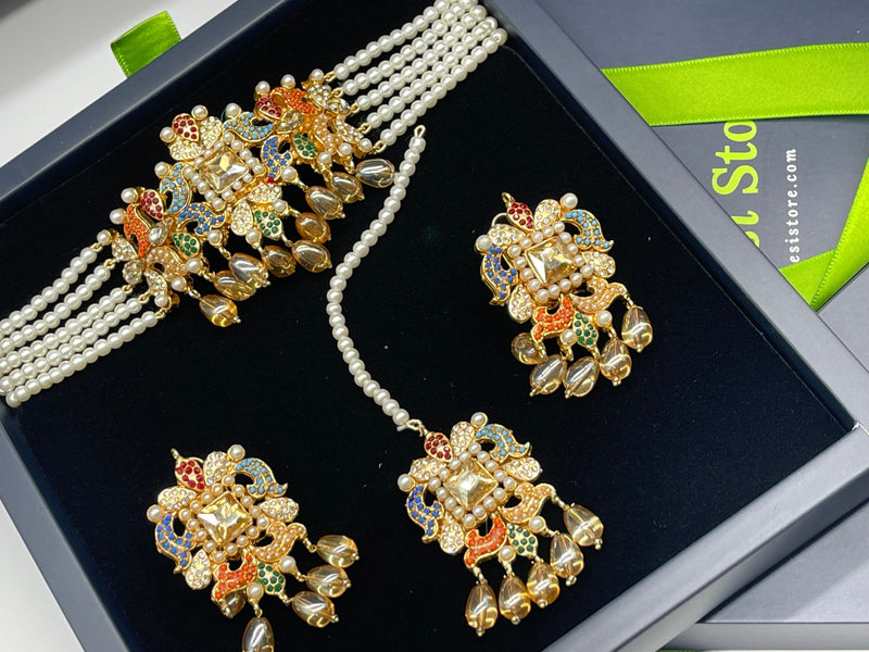 Multicolor Choker Set, Colorful Jewellery Set - Necklaces by GTA Desi Store