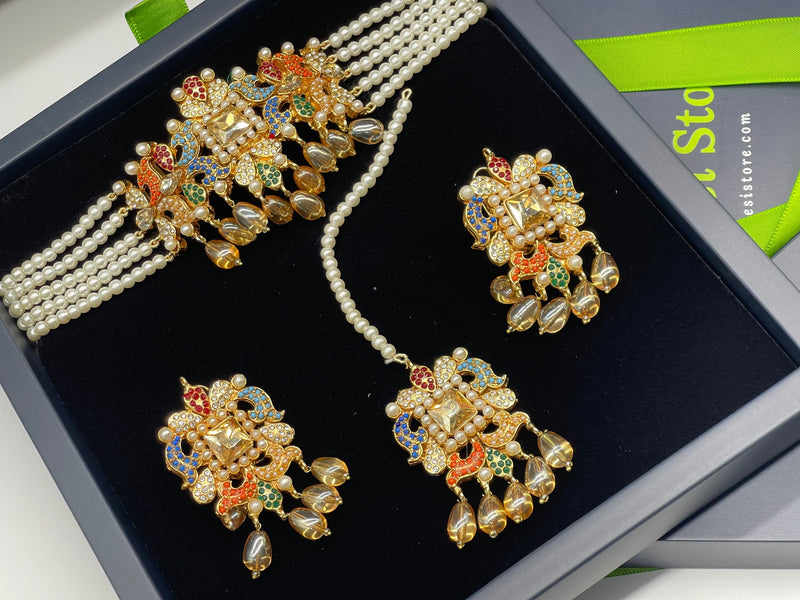 Multicolor Choker Set, Colorful Jewellery Set - Necklaces by GTA Desi Store