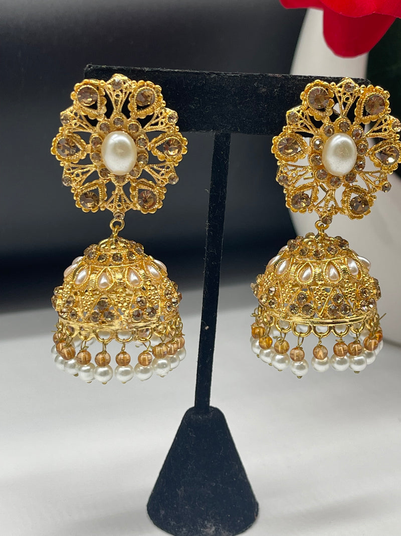 Golden Jhumka Style Earrings with White Pearls - Earrings by GTA Desi Store