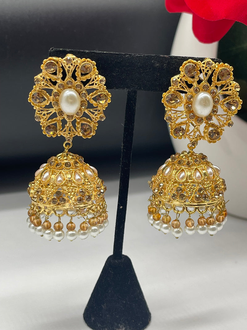 Golden Jhumka Style Earrings with White Pearls - Earrings by GTA Desi Store