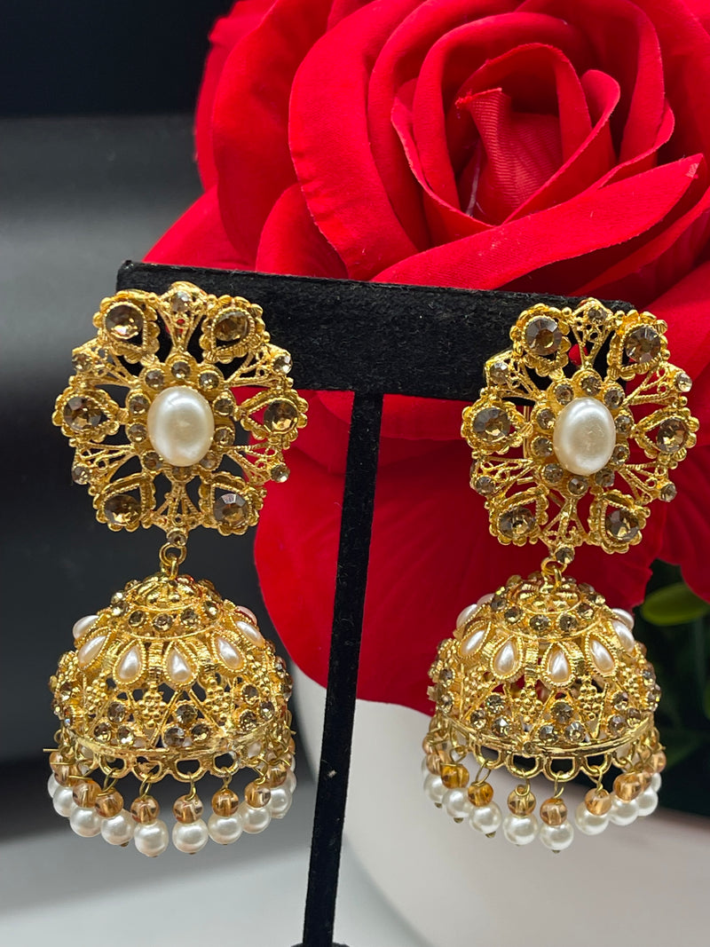 Golden Jhumka Style Earrings with White Pearls - Earrings by GTA Desi Store