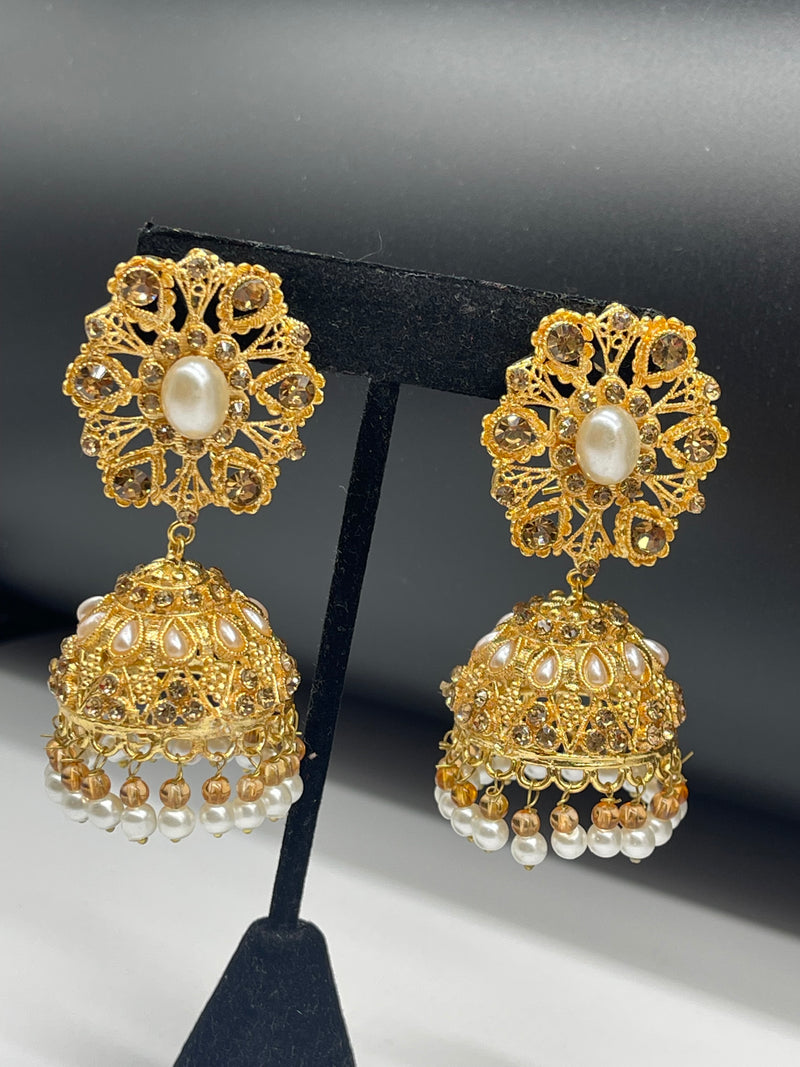 Golden Jhumka Style Earrings with White Pearls - Earrings by GTA Desi Store