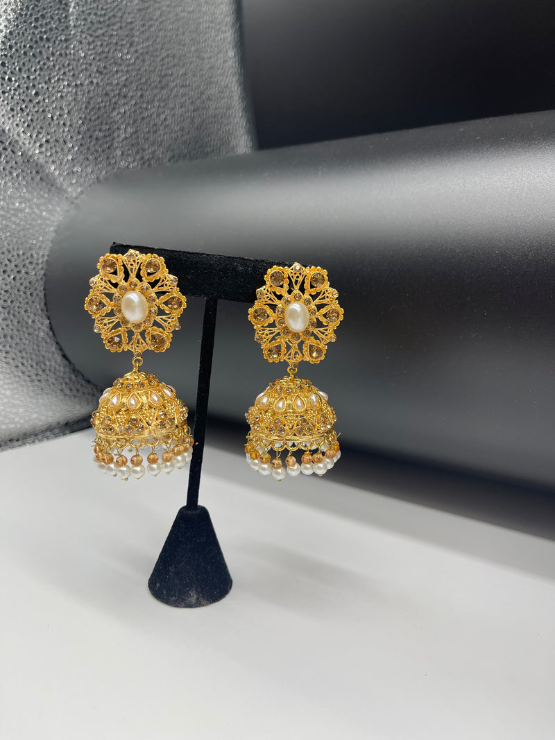 Golden Jhumka Style Earrings with White Pearls - Earrings by GTA Desi Store