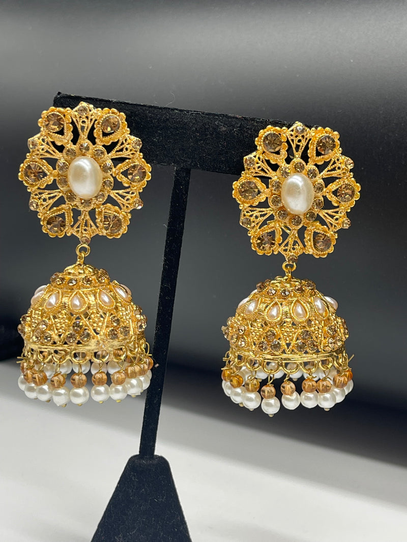 Golden Jhumka Style Earrings with White Pearls - Earrings by GTA Desi Store