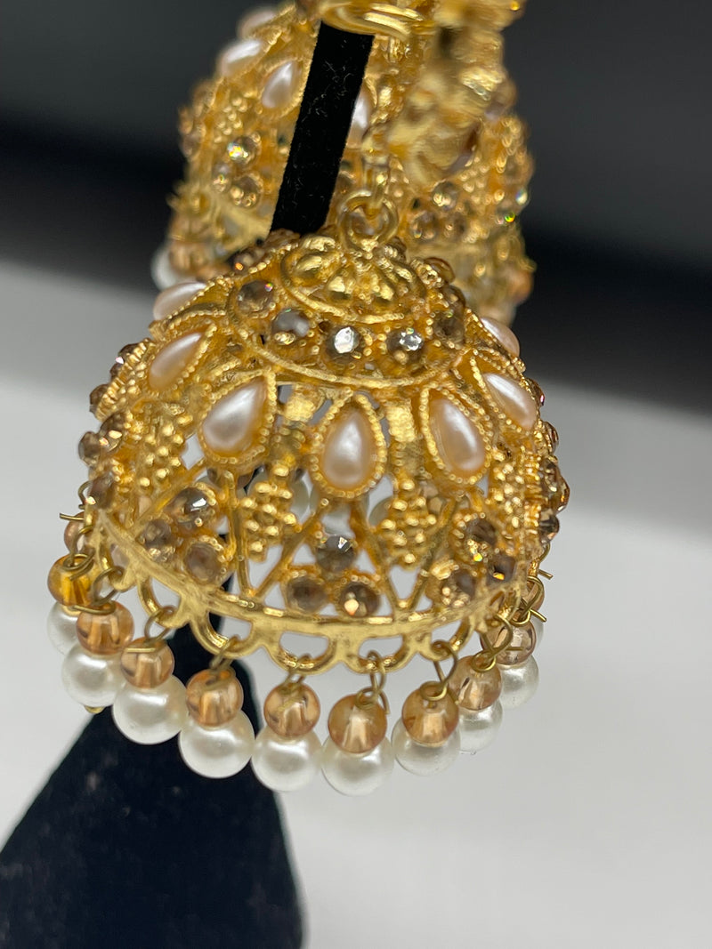 Golden Jhumka Style Earrings with White Pearls - Earrings by GTA Desi Store