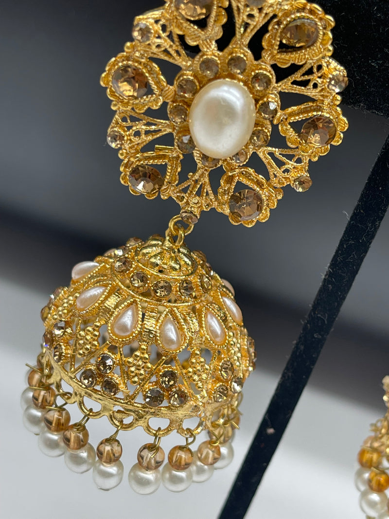 Golden Jhumka Style Earrings with White Pearls - Earrings by GTA Desi Store