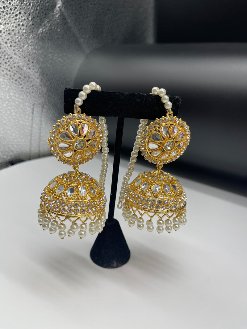 Golden Jhumka Style Earrings with Pearls - Earrings by GTA Desi Store