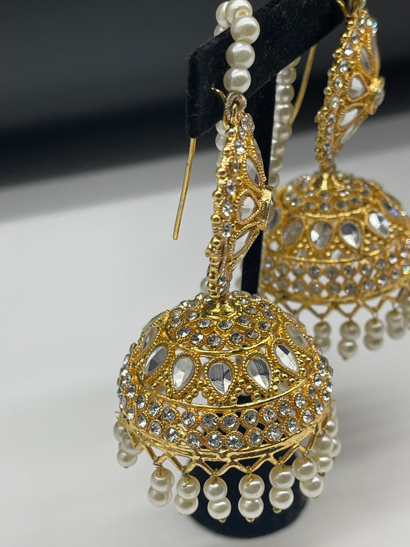 Golden Jhumka Style Earrings with Pearls - Earrings by GTA Desi Store