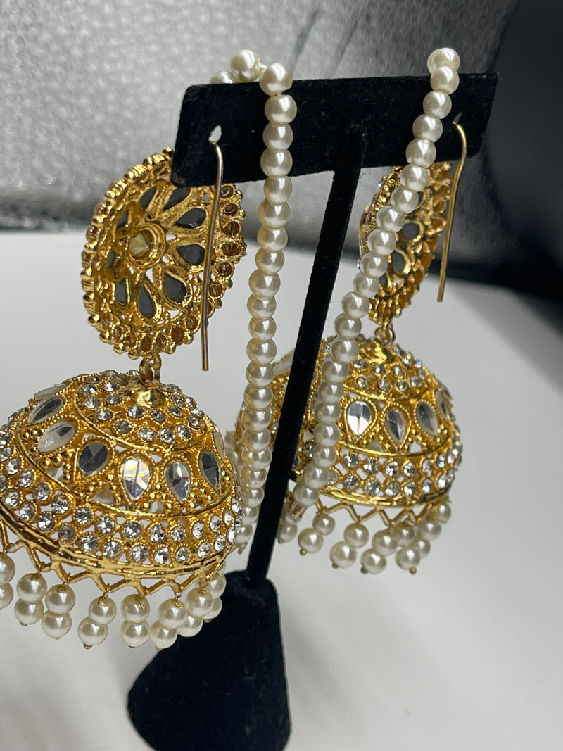 Golden Jhumka Style Earrings with Pearls - Earrings by GTA Desi Store