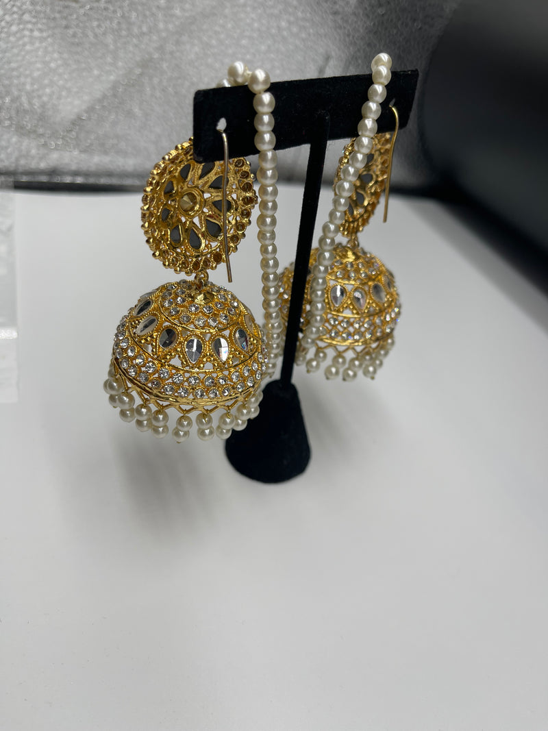Golden Jhumka Style Earrings with Pearls - Earrings by GTA Desi Store