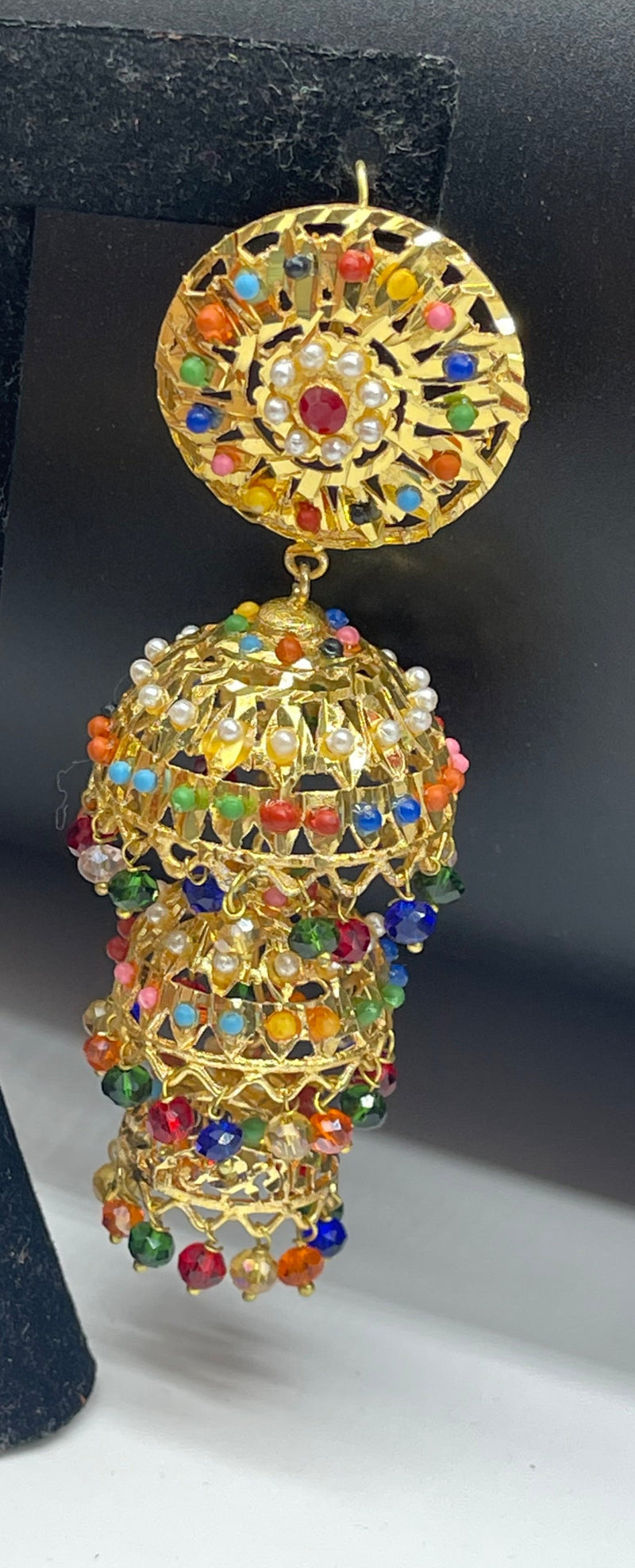 3 Step Jhumka Earrings Gold Colorful Earrings - Earrings by GTA Desi Store