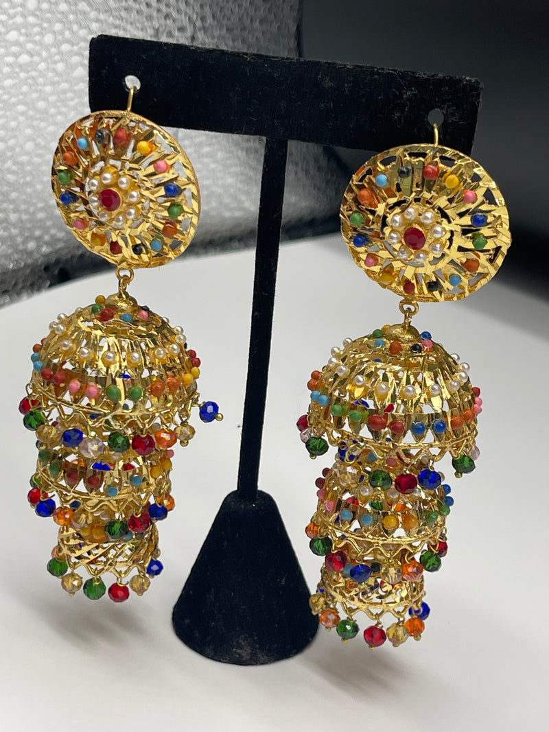 3 Step Jhumka Earrings Gold Colorful Earrings - Earrings by GTA Desi Store