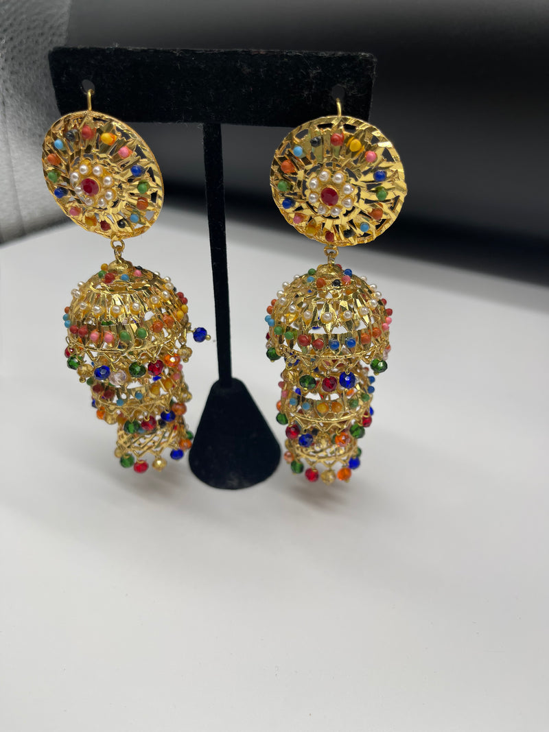 3 Step Jhumka Earrings Gold Colorful Earrings - Earrings by GTA Desi Store