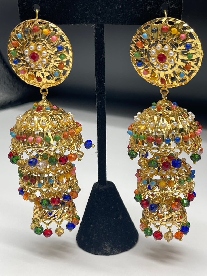 3 Step Jhumka Earrings Gold Colorful Earrings - Earrings by GTA Desi Store