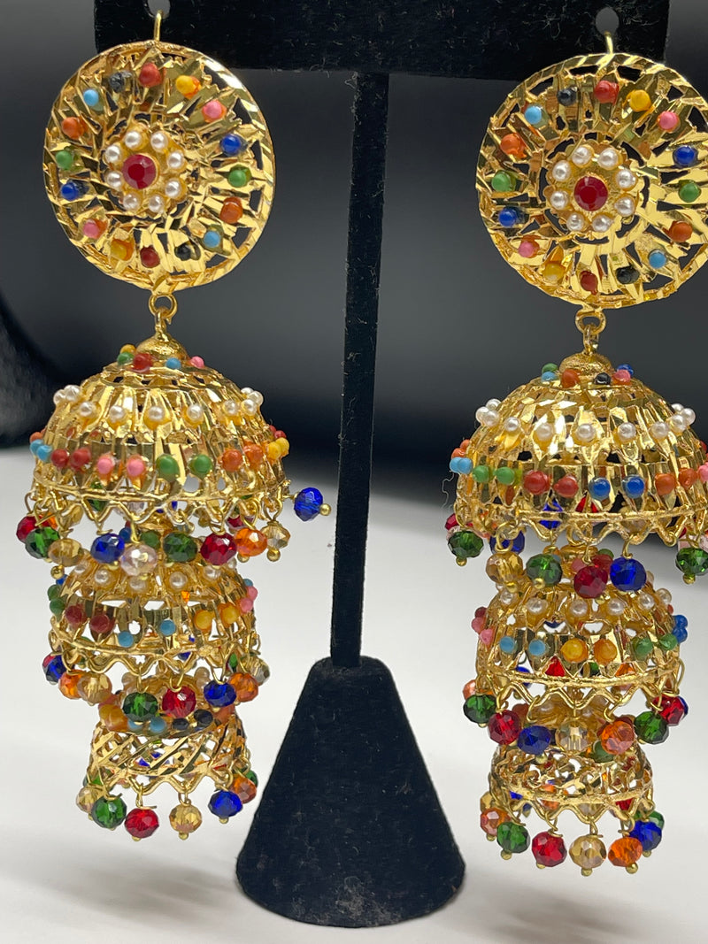 3 Step Jhumka Earrings Gold Colorful Earrings - Earrings by GTA Desi Store