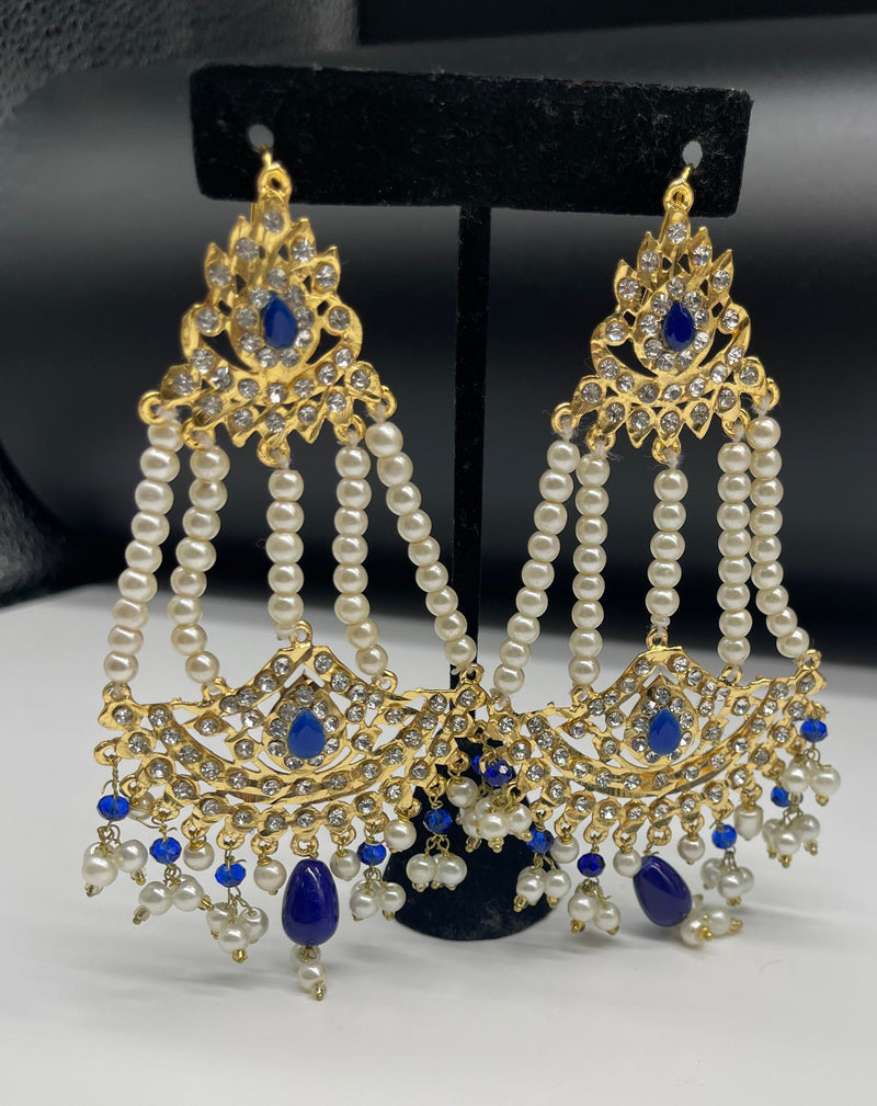 Party Wear Gold with Pearls Traditional Earring - Blue - Earrings by GTA Desi Store