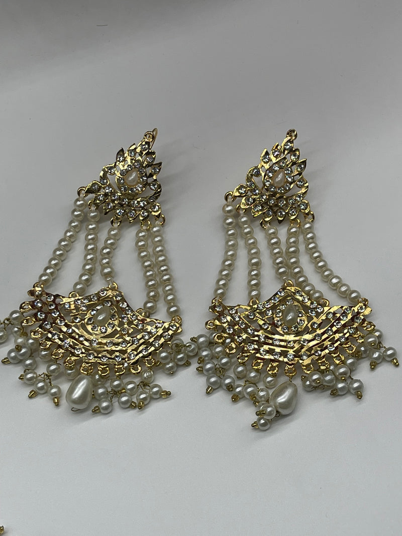 Party Wear Gold with Pearls Traditional Earring - White - Earrings by GTA Desi Store