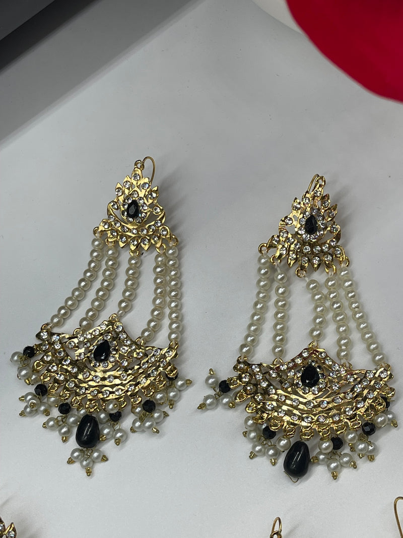Party Wear Gold with Pearls Traditional Earring - Black - Earrings by GTA Desi Store