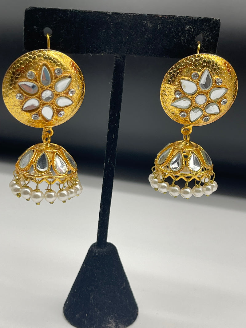 Gold Jhumka Style Earrings with White Pearls - Earrings by GTA Desi Store