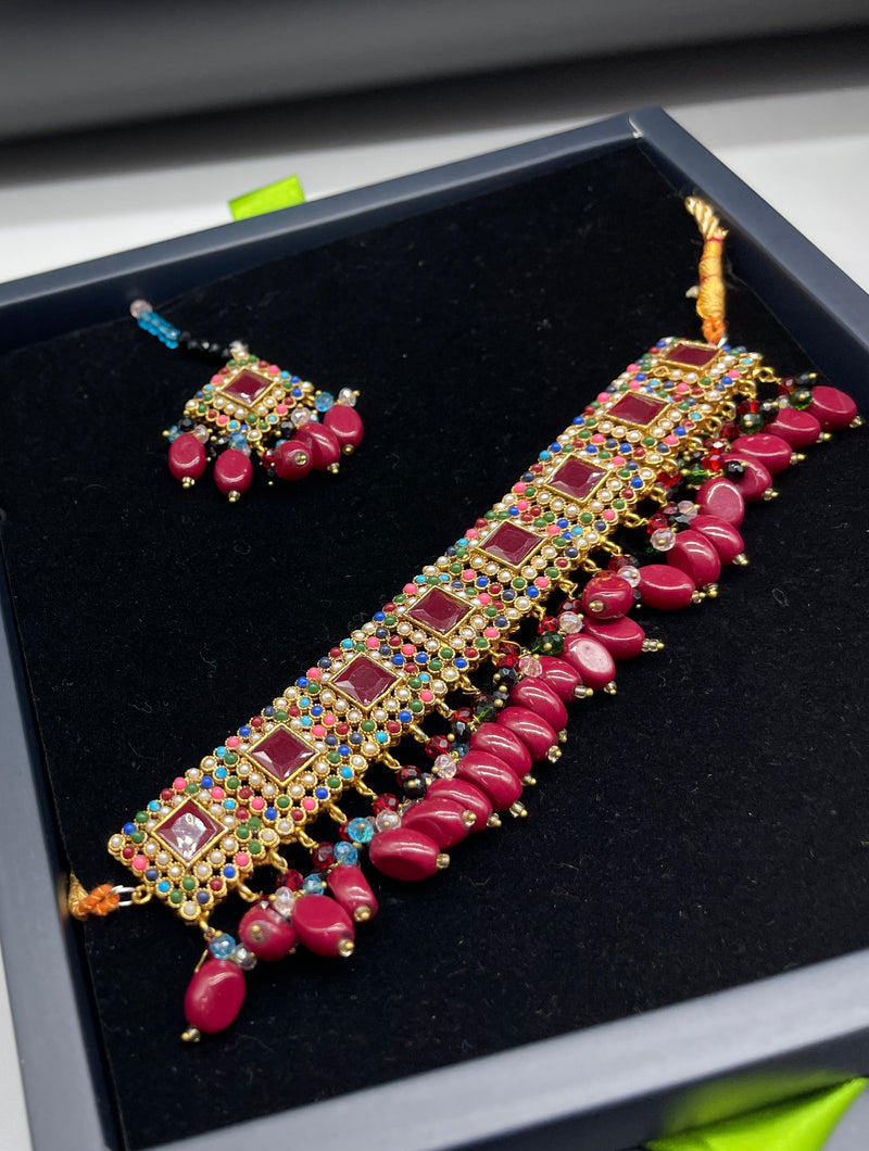 Multicolor Bridal Choker Necklace Set, Colorful Jewellery Set - Necklaces by GTA Desi Store