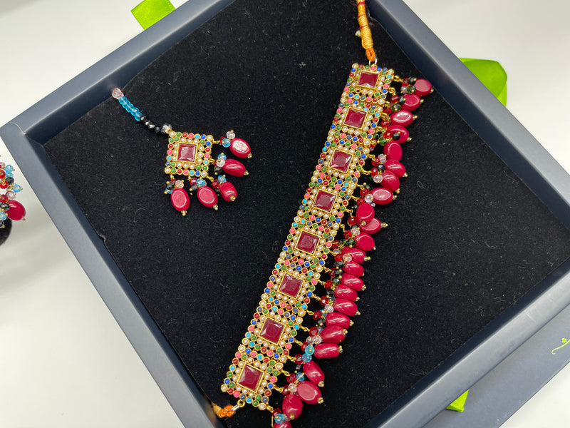 Multicolor Bridal Choker Necklace Set, Colorful Jewellery Set - Necklaces by GTA Desi Store