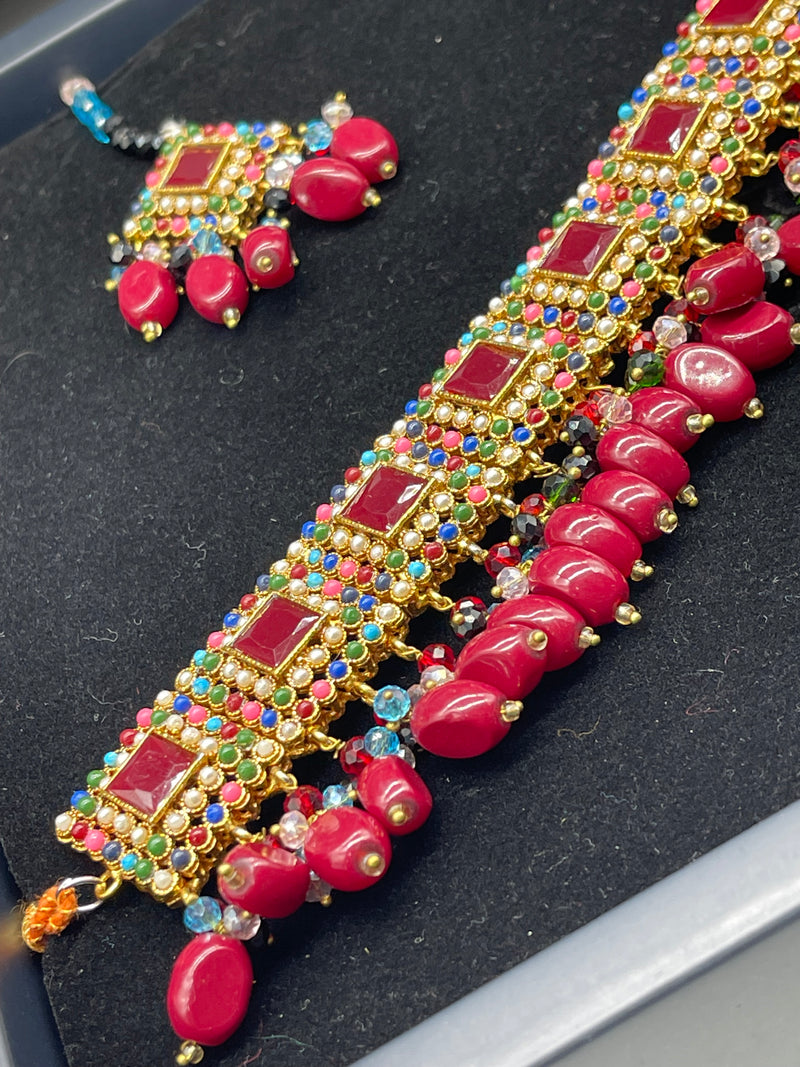 Multicolor Bridal Choker Necklace Set, Colorful Jewellery Set - Necklaces by GTA Desi Store