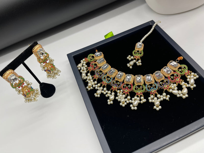 Multicolor Choker Set, Colorful Jewellery Set - Necklaces by GTA Desi Store