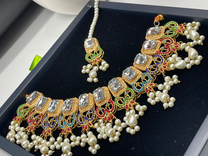 Multicolor Choker Set, Colorful Jewellery Set - Necklaces by GTA Desi Store