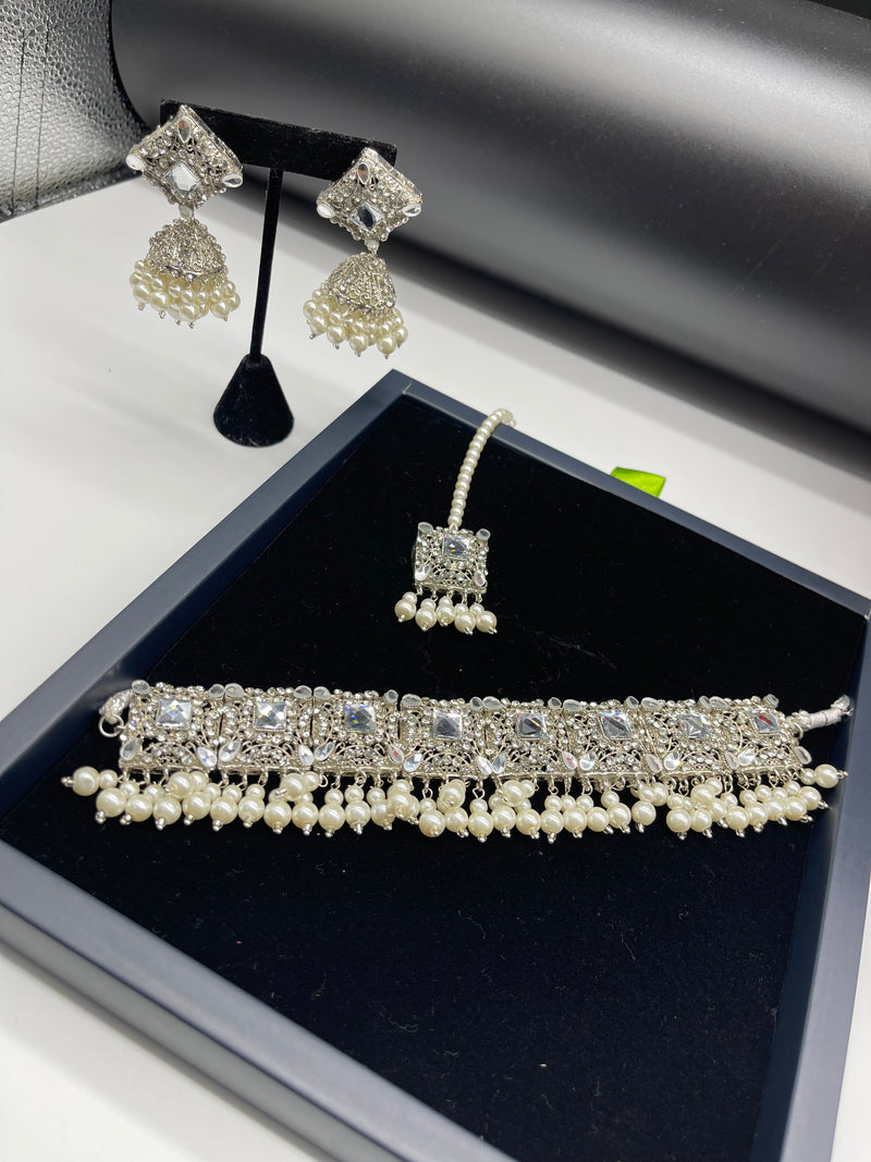 White Pearl Choker Necklace Set with Earrings Jhumka - Necklaces by GTA Desi Store