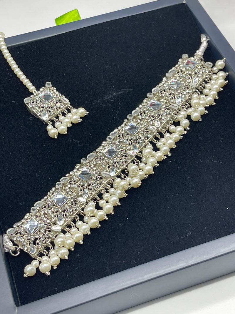 White Pearl Choker Necklace Set with Earrings Jhumka - Necklaces by GTA Desi Store