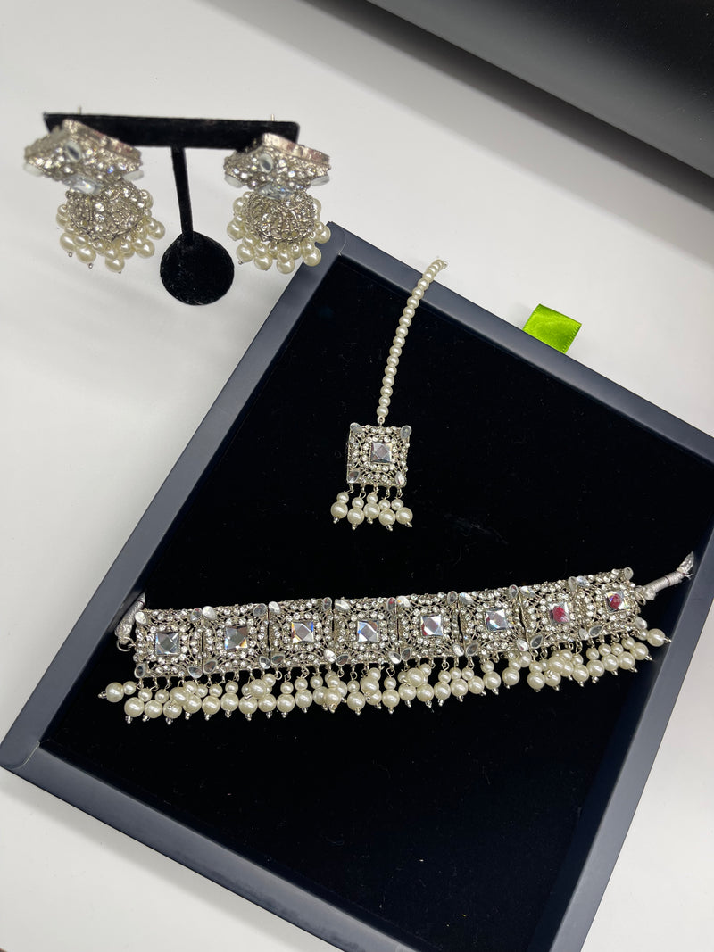 White Pearl Choker Necklace Set with Earrings Jhumka - Necklaces by GTA Desi Store