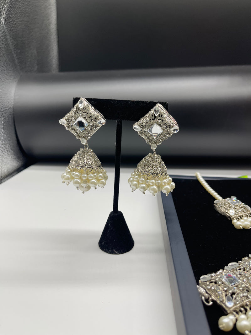 White Pearl Choker Necklace Set with Earrings Jhumka - Necklaces by GTA Desi Store