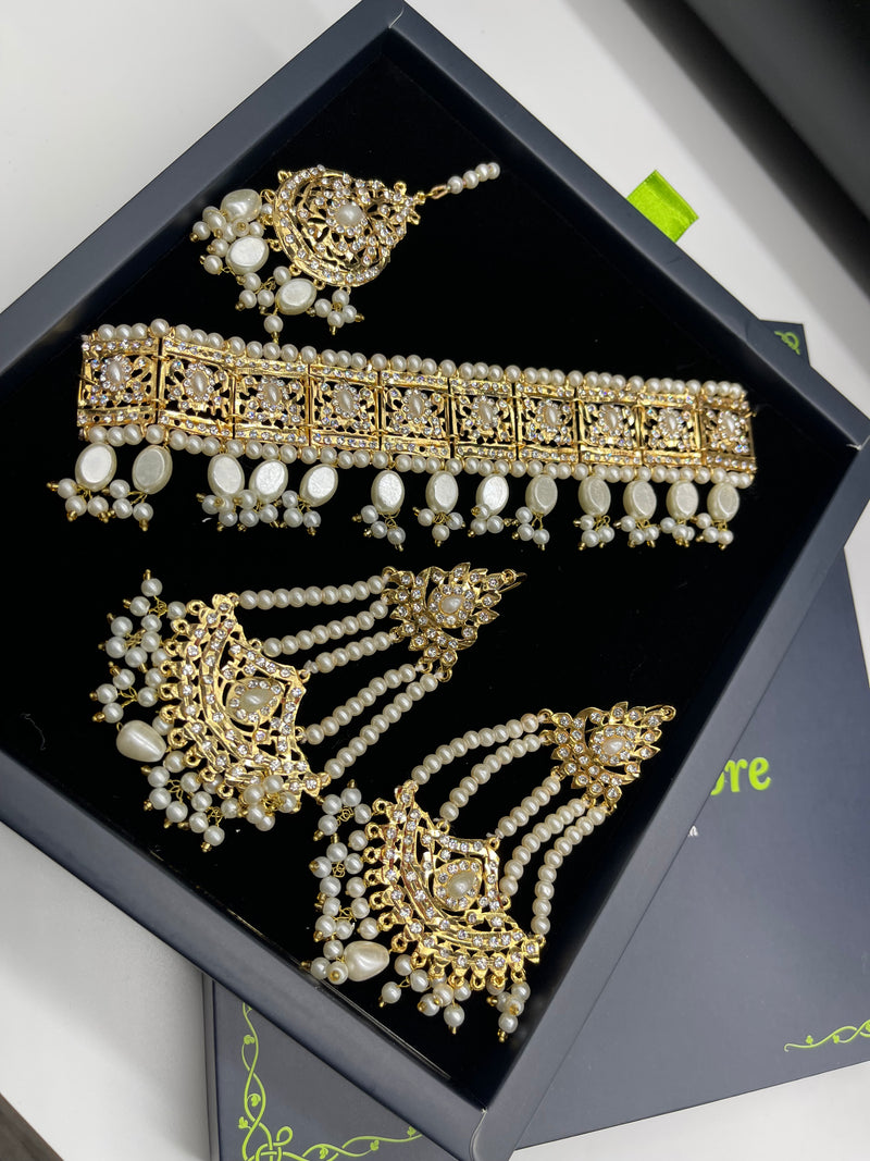 Golden Choker Necklace with Earrings and Bindiya - Necklaces by GTA Desi Store
