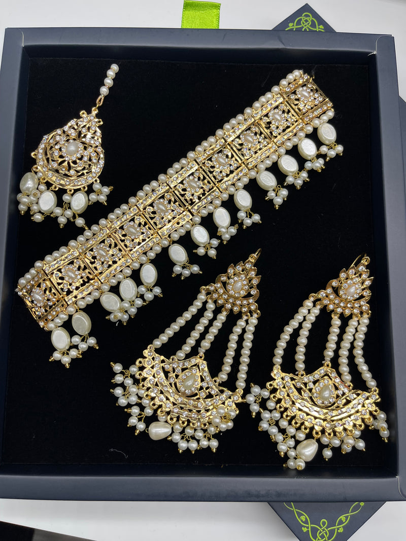 Golden Choker Necklace with Earrings and Bindiya - White - Necklaces by GTA Desi Store