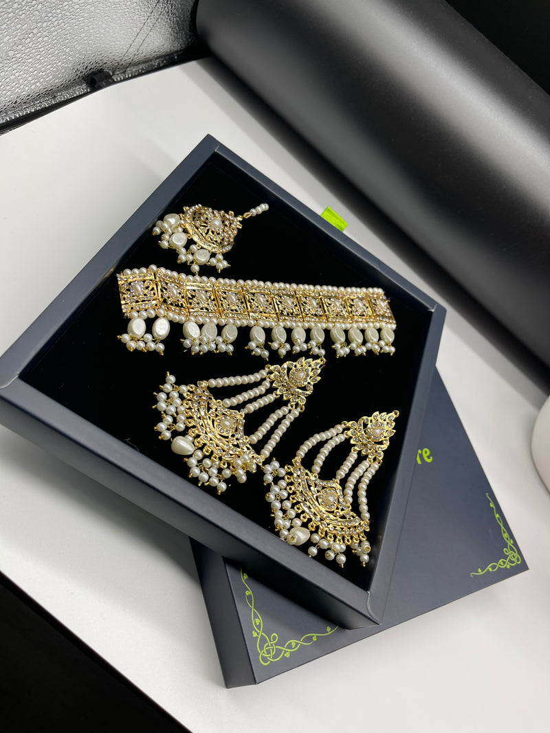 Golden Choker Necklace with Earrings and Bindiya - Necklaces by GTA Desi Store
