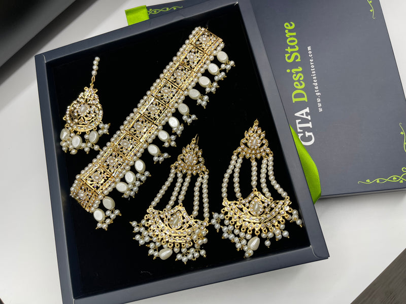 Golden Choker Necklace with Earrings and Bindiya - Necklaces by GTA Desi Store