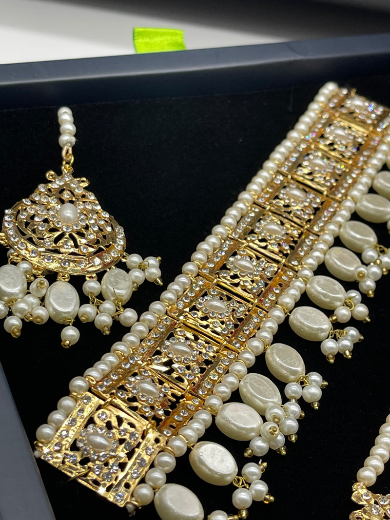 Golden Choker Necklace with Earrings and Bindiya - Necklaces by GTA Desi Store